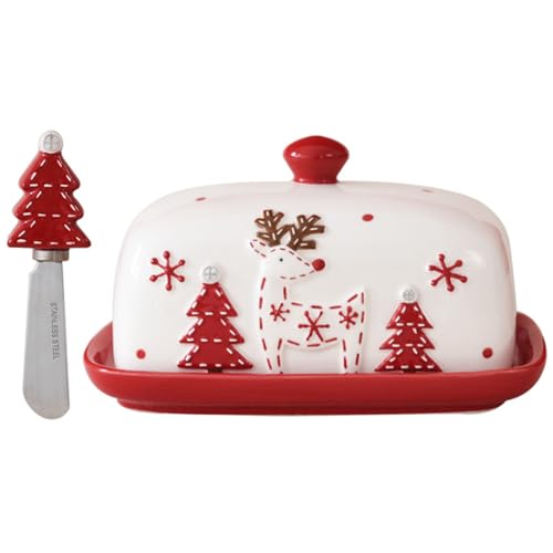 Keramikbuttergericht mit Deckel Weihnachtsbaum-Rentier süßes Butterschale mit rostfreiem Stahlmesser staubdichtem Lebensmittelqualität stilvoll für die Heimküche von Rachlicy