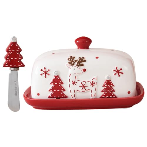 Weihnachtsdekoration Keramik Butter Teller mit Deckel Weihnachtsbaum-Rentier süßes Butterschale mit Edelstahlmesser staubdichtem Lebensmittelqualität stilvoll für die Heimküche von Rachlicy