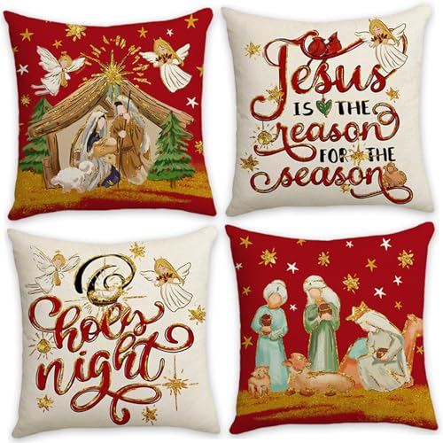 Weihnachtskissenbezüge 18x18 Zoll o Heilige Nacht Jesus Weihnachten Kissen Deckt weiche dekorative Kissenbezüge für Sofa Couch 4pcs kein Kern von Rachlicy