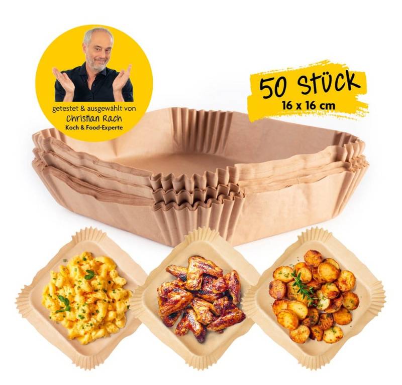 Rachs KOCHWERK Backpapier für Heißluftfritteuse 2-5 Liter - 50 Stück – 16 x 16 x 4,5 cm, für Airfryer, Backpapierschale antihaftbeschichtet & ölbeständig Rachs KOCHWERK Backpapier für Heißluftfritteuse 2-5 Liter - 50 Stück – 16 x 16 x 4,5 cm, für Airfryer, Backpapierschale antihaftbeschichtet & ölbeständig von Rachs KOCHWERK