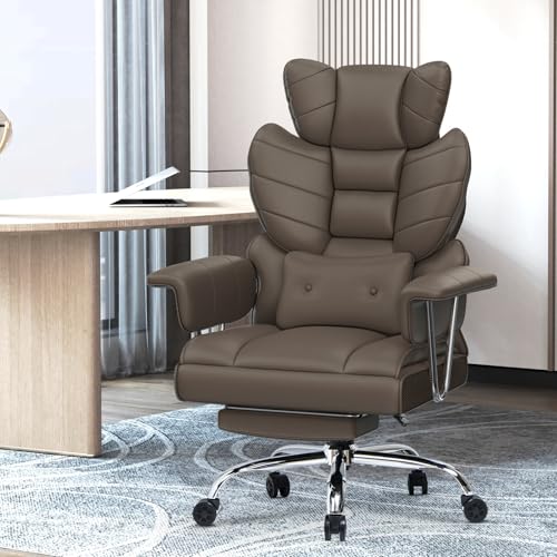 Racingreat Ergonomischer Bürostuhl mit ausziehbarer Fußstütze,Höhenverstellbarer Schreibtischstuhl,Große weiche Rückenlehne，Individuelle Lendenwirbelstütze，Chefsessel aus PU-Leder,Khaki von Racingreat