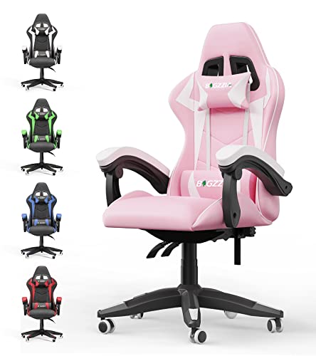 Gaming Stuhl, Ergonomischer Gaming-Stuhl, höhenverstellbarer Liegestuhl für Videospiele, mit Kopfstütze und Lendenwirbelstütze (Basismodell, Rosa-Weiß) von Racingreat