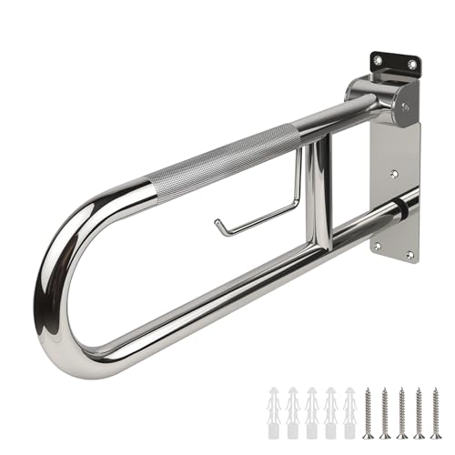 Rackickyer Dusch-Haltegriff, 60 cm, Edelstahl-Toiletten-Sicherheitsschienen, Behinderte, hochklappbarer Badezimmer-Haltegriff mit Papierhalter, rutschfeste WC-Handläufe, Handicap-Haltegriffe für von Rackickyer