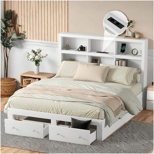 Racxily Doppelbett 160 x 200 cm, französisches Bett, Doppelbett mit Stauraum (weiß) von Racxily
