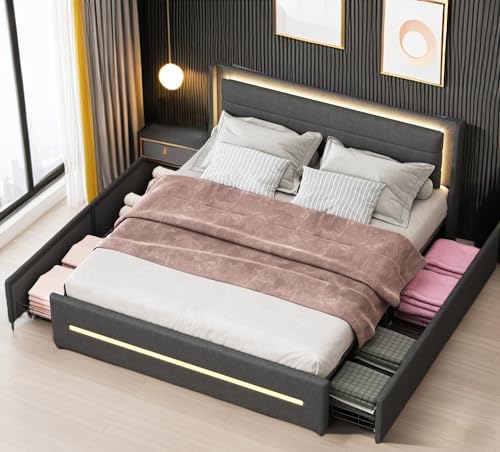 Racxily Doppelbett mit Schubladen, 160 x 200 cm, Doppelbett, mit LED, gepolstert, Leinenstoff, Grau von Racxily