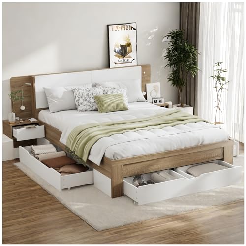 Racxily Doppelbett mit Stauraum, mit LED und Mehreren Schubladen, mit 2 Nachttischen, Bett 140 x 200 cm, aufklappbare Ablage, Weiß + Eiche von Racxily