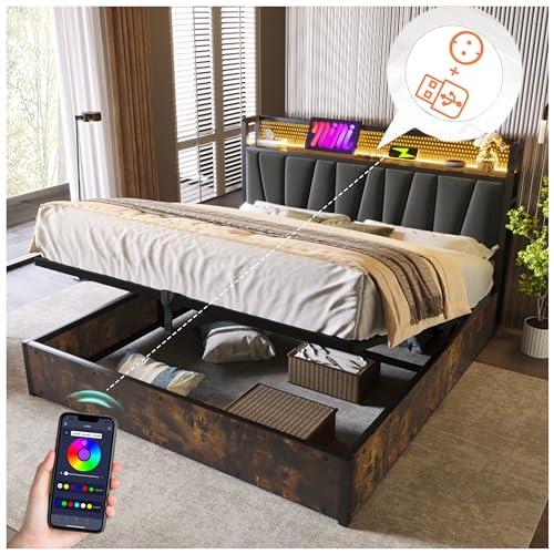 Racxily Doppelbett mit Stauraum, mit geprüfter Ladefunktion und LED-Beleuchtung, 160x200cm Lattenrost aus Holz, Grau (ohne Matratze) von Racxily