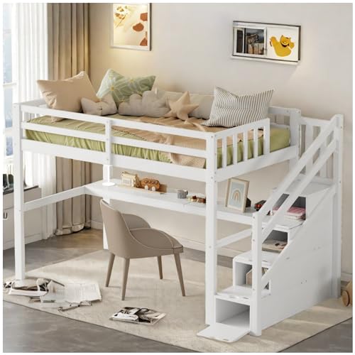 Racxily Etagenbett 90 x 200 cm mit Schreibtisch und Leiter, Kinderbett mit hohem Geländer, geeignet für Kinder, Jugendliche, weiß von Racxily