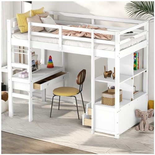 Racxily Etagenbett für Kinder, 90 x 200 cm, mit Schreibtisch, Schubladen und Bücherregalen, Kinderbett mit hohem Geländer, geeignet für Kinder, Jugendliche, weiß von Racxily