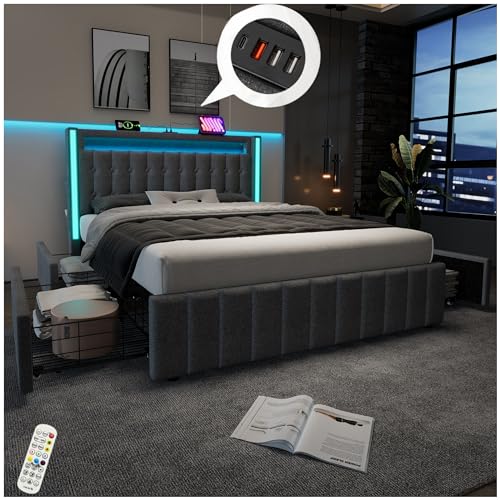 Racxily Gepolstertes Bett mit LED und USB-Ladefunktion Typ C, Doppelbett mit 2 Schubladen, 160 x 200 cm, Lattenrost aus Holz, Grau von Racxily