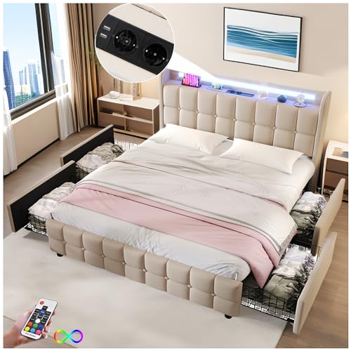 Racxily Gepolstertes Bett mit USB und LED und 4 Schubladen, Doppelbett 180 x 200 cm, Lattenrost aus Holz, Beige von Racxily