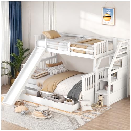 Racxily Kinder Bett,Etagenbett mit Schubladen, Stauraum und Rutsche, multifunktional, 90/140 x 200cm,weiß von Racxily