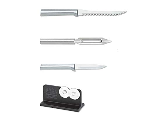 Rada Cutlery Topseller Kit Messer - inkl. Schälen, Tomatenschneider, Gemüseschäler mit Griffen aus gebürstetem Aluminium plus Messerschärfer von RADA