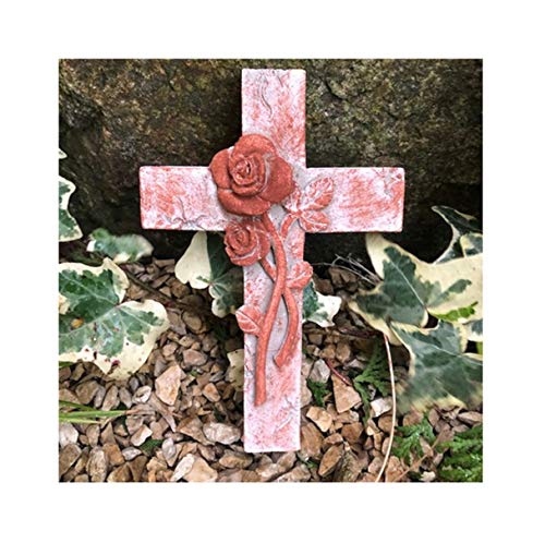 Engel Grabengel oder Kreuz Gedenkstein Grabschmuck Grabdeko Trauerherz für Grabgesteck mit 2 Starren Drähten zum Befestigen oder in die Erde Stecken (Kreuz/Rose Rost/Draht) von Radami
