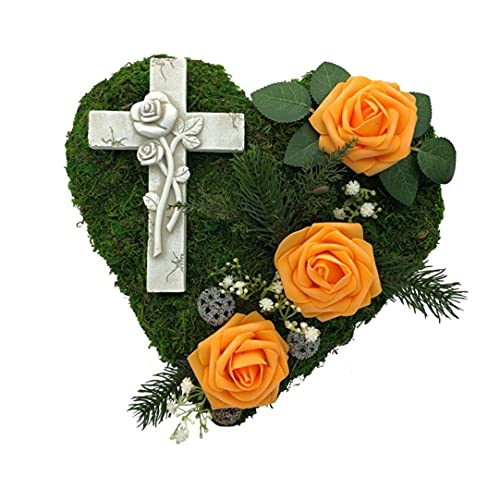 Grabgesteck Grabschmuck Grabaufleger Moosherz Grabherz Trauerherz Grab Herz Gesteck Rosen mit Kreuz (Rosen Orange) von Radami