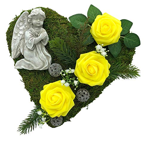 Grabgesteck Grabschmuck Grabaufleger Moosherz Grabherz Trauerherz Grab Herz Gesteck Rosen mit Engel (Rosen Gelb) von Radami