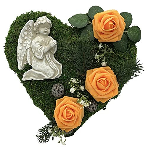 Grabgesteck Grabschmuck Grabaufleger Moosherz Grabherz Trauerherz Grab Herz Gesteck Rosen mit Engel (Rosen Orange) von Radami