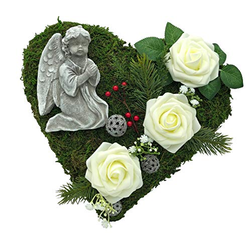 Grabgesteck Grabschmuck Grabaufleger Moosherz Grabherz Trauerherz Grab Herz Gesteck Rosen mit Engel (Rosen Weiß) von Radami