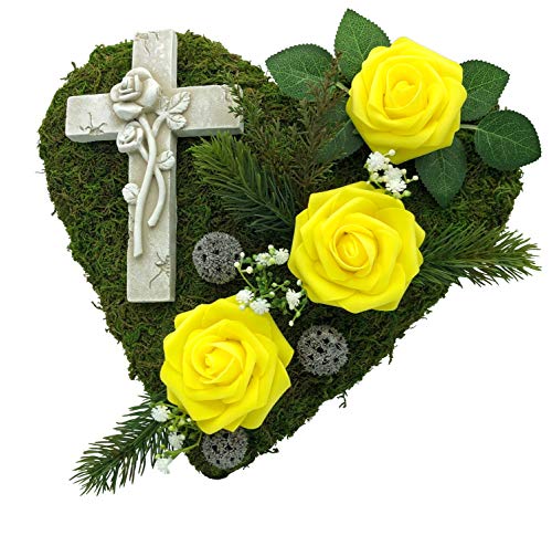 Grabgesteck Grabschmuck Grabaufleger Moosherz Grabherz Trauerherz Grab Herz Gesteck Rosen mit Kreuz (Rosen Gelb) von Radami