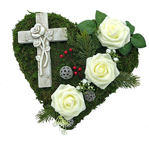 Grabgesteck Grabschmuck Grabaufleger Moosherz Grabherz Trauerherz Grab Herz Gesteck Rosen mit Kreuz (Rosen Weiß) von Radami