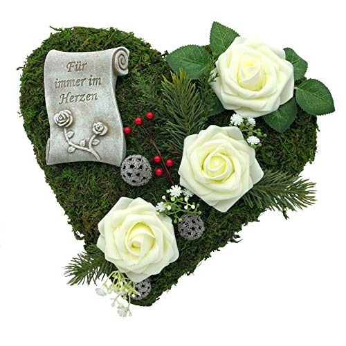 Grabgesteck Grabschmuck Grabaufleger Moosherz Grabherz Trauerherz Grab Herz Gesteck Rosen mit Schriftrolle Für Immer im Herzen (Rosen Weiß) von Radami