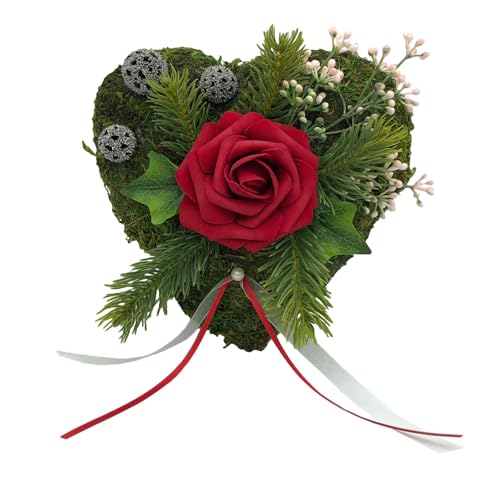 Grabgesteck Grabschmuck Grabaufleger Moosherz Grabherz Trauerherz Grab Herz Gesteck und Rose (Rose Rot) von Radami