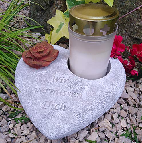 Grabherz mit Rose in Rost Optik Grabengel Spruch - Wir vermissen Dich - Grabschmuck Grabdeko Trauerherz für Grablicht ca. 2 kg schwer von Radami