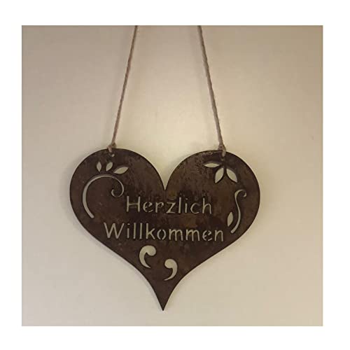 Radami Edelrost Herz - Willkommen - Schild Gartenstecker Metall Gartenfigur, Metall Figur Gartendekoration schwere Ausführung (Willkommen hängend 26cm) von Radami