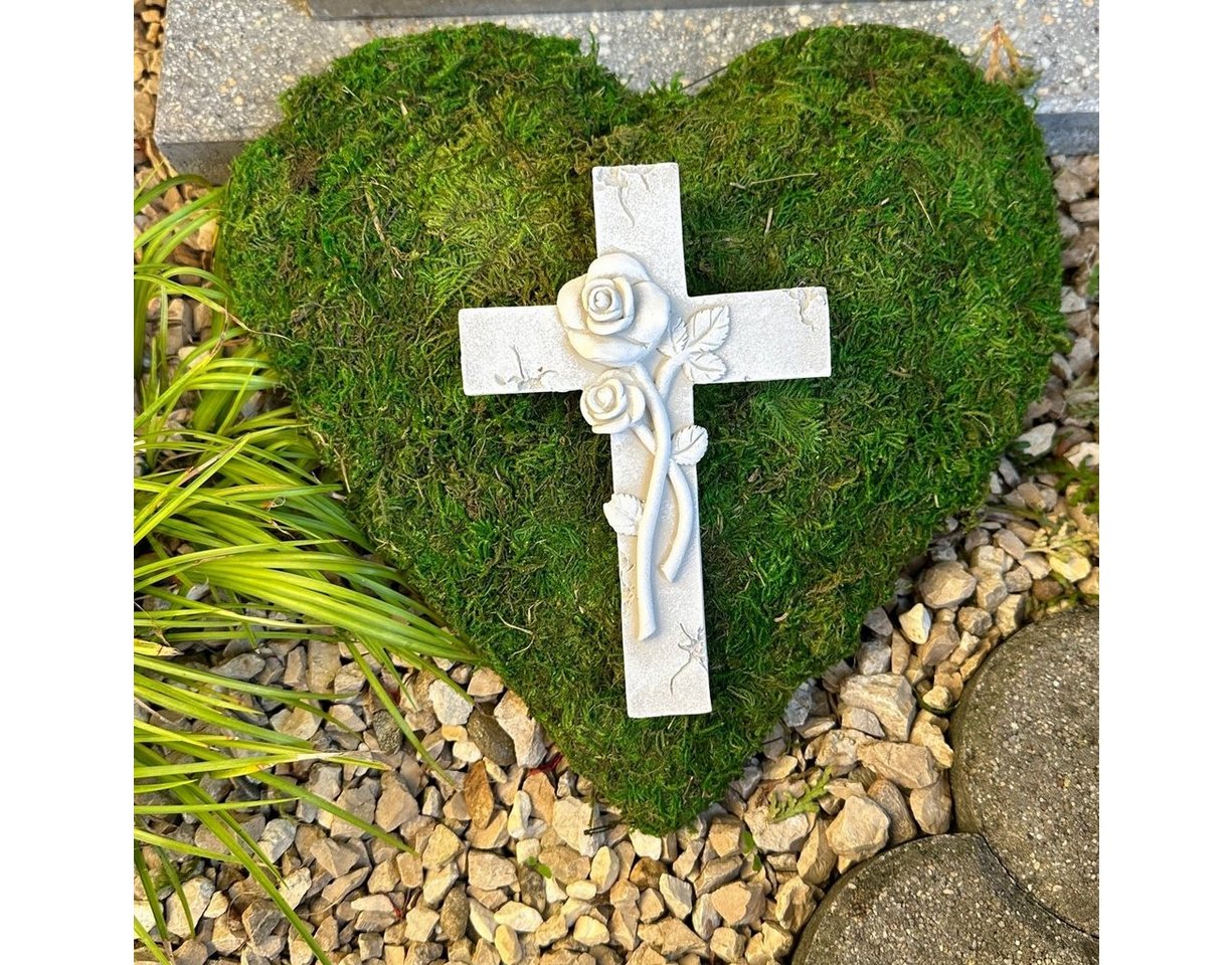 Radami Gartenfigur Grabgesteck Grabschmuck Moosherz Grabherz 30 cm mit Kreuz von Radami