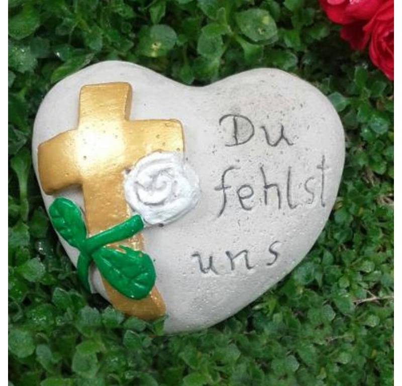 Radami Gartenfigur Grabherz Herz Spruch Du fehlst uns" Steinguss Kreuz in Gold Farbe" von Radami