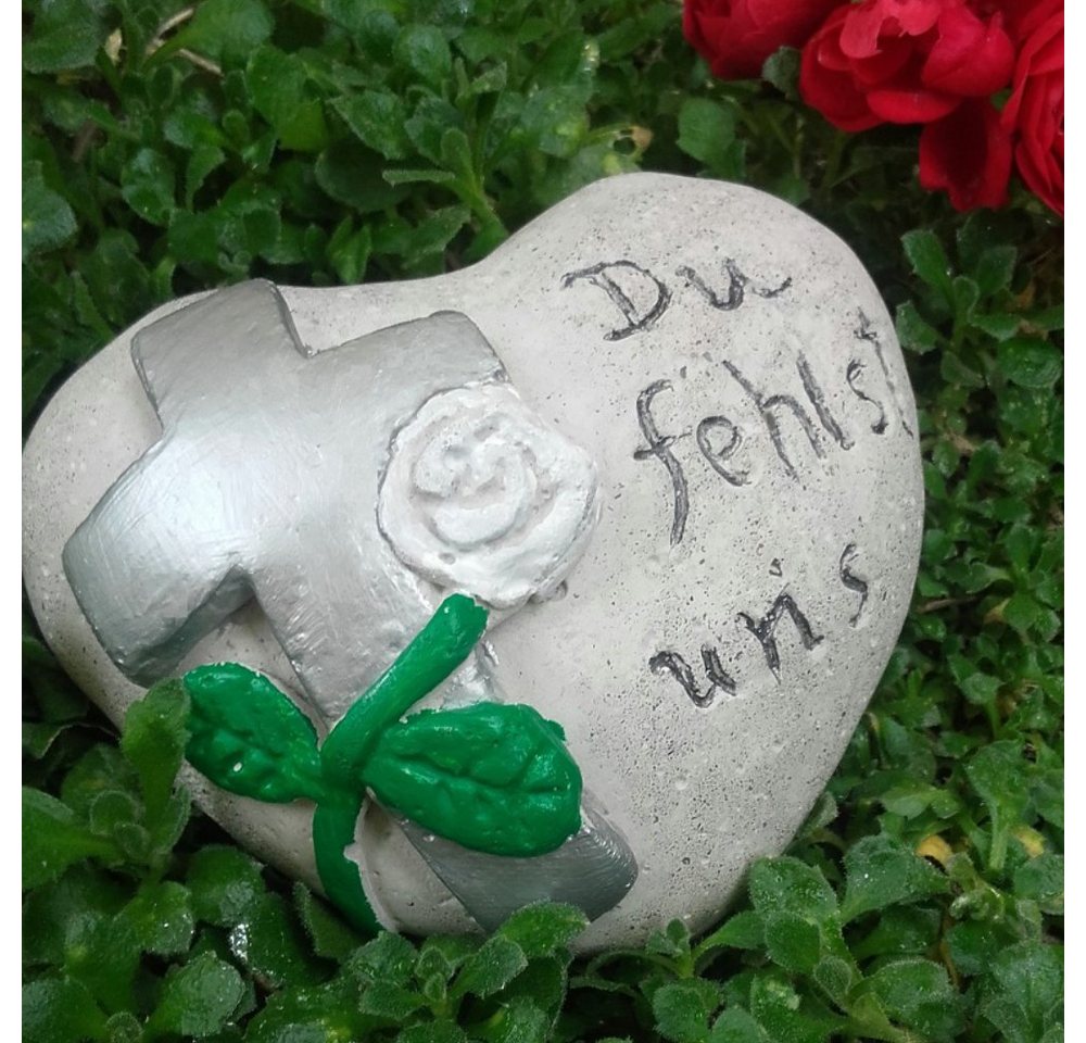 Radami Gartenfigur Grabherz mit Spruch Du fehlst uns"Kreuz in Silber" von Radami