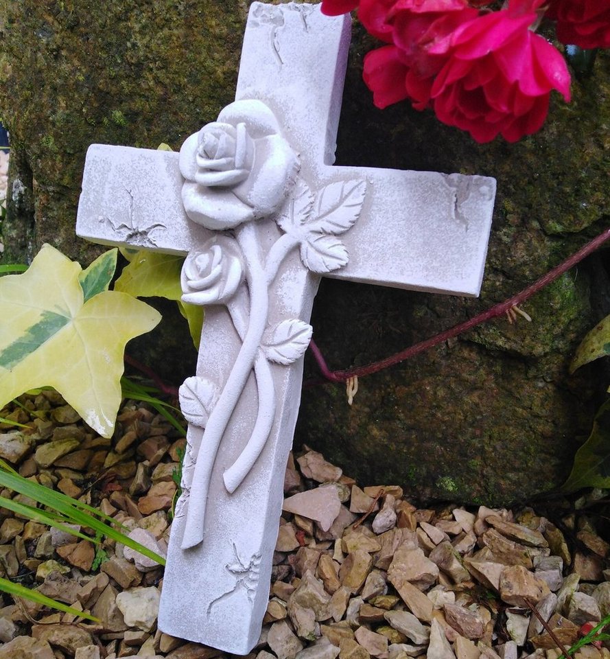 Radami Gartenfigur Kreuz Grabkreuz 3D Rose Grabengel Gedenkstein Grabschmuck Grabdeko von Radami