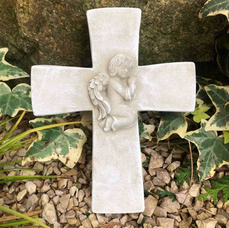 Radami Gartenfigur Kreuz mit 3D Engel, Grabengel, 800g schwer von Radami
