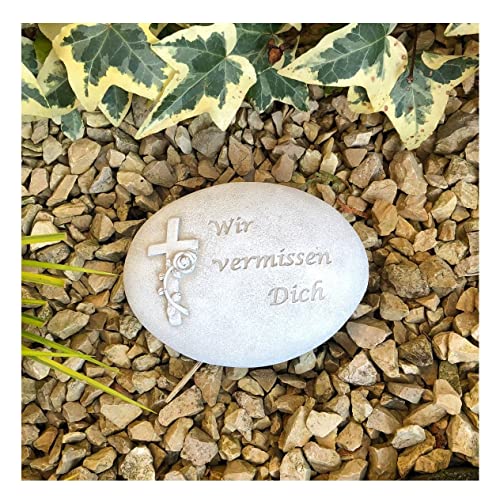 Radami Gedenkstein - Wir vermissen Dich - Grabschmuck Grabherz Trauerherz Steinform oval 10,5cm, weiß von Radami