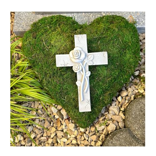 Radami Grabgesteck Grabschmuck Gesteck Trauerherz Grab Moosherz Grabherz Grabaufleger 30 cm mit Kreuz von Radami