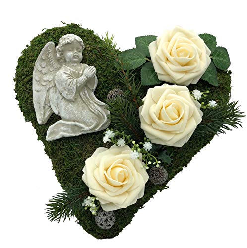 Grabgesteck Grabschmuck Grabaufleger Moosherz Grabherz Trauerherz Grab Herz Gesteck Rosen mit Engel (Rosen Creme) von Radami