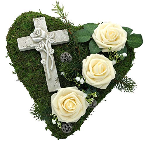 Grabgesteck Grabschmuck Grabaufleger Moosherz Grabherz Trauerherz Grab Herz Gesteck Rosen mit Kreuz (Rosen Creme) von Radami