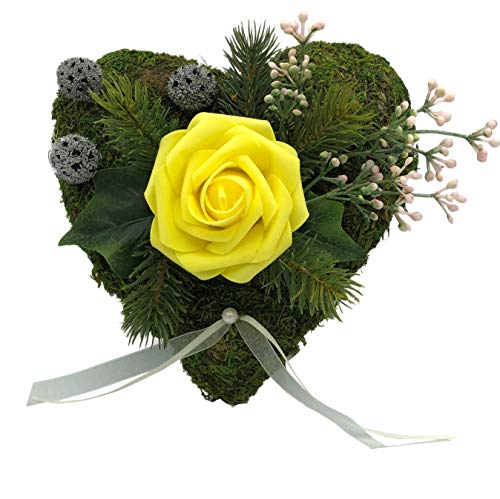 Radami Grabgesteck Grabschmuck Grabaufleger Moosherz Grabherz Trauerherz Grab Herz Gesteck und Rose (Rose Gelb) von Radami