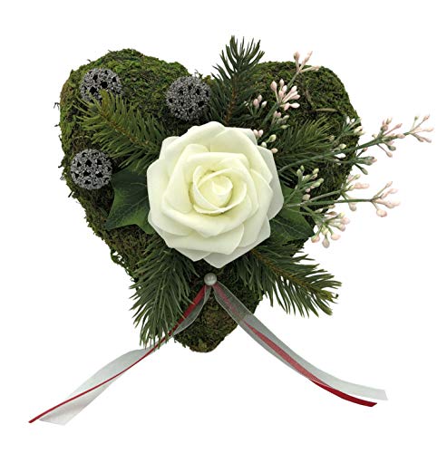 Radami Grabgesteck Grabschmuck Grabaufleger Moosherz Grabherz Trauerherz Grab Herz Gesteck und Rose (Rose Weiß) von Radami