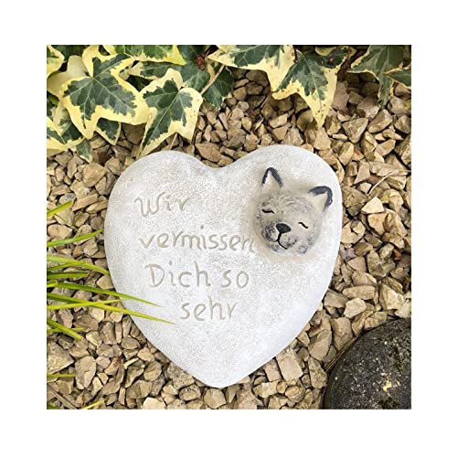 Radami Grabherz Katze 3D Spruch - Wir vermissen Dich so sehr - Grabschmuck Dekoherz Steinguss Herz 041 von Radami