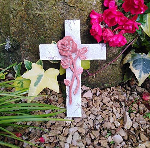 Radami Kreuz mit 3D Rosen Rost Grabengel Gedenkstein Grabschmuck Grabdeko von Radami