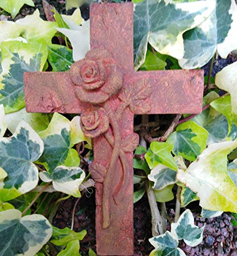 Radami Kreuz mit 3D Rosen Rost - Metall Optik Grabengel Gedenkstein Grabschmuck Grabdeko von Radami