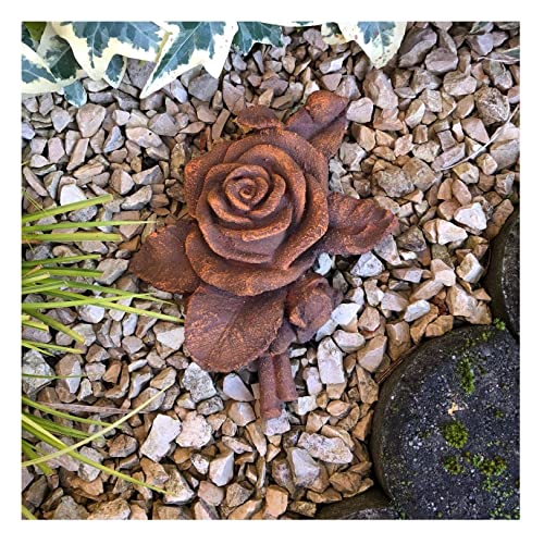 XL Rose mit Stiel Rosenblüte auch Grabdekoration Grabschmuck Steinguss 16 cm Rost Optik, ca. 360g von Radami