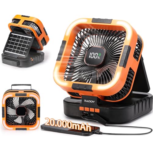 Raddy CF3 Camping Ventilator 20.000-mAh, Wiederaufladbar Tragbarer Ventilator mit LED-Licht, Batteriebetrieben, 3-W-Solarpanel, 6 Geschwindigkeiten, 90°-Oszillation für Camping, im Freien, Orange von Raddy