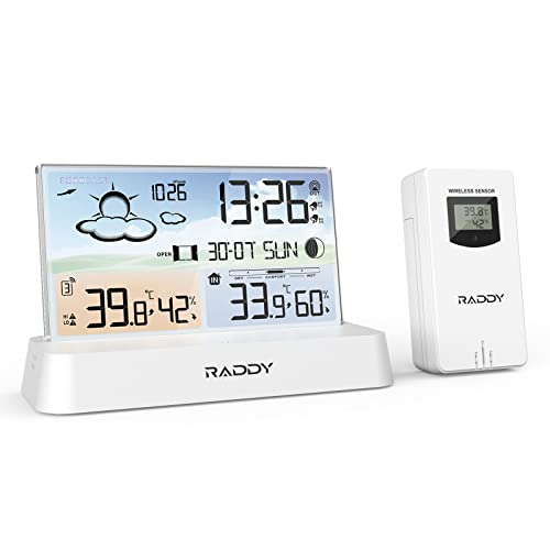 Raddy DT6 Wetterstation Indoor Outdoor, DCF Funkuhr, Digitales Farbdisplay Indoor und Outdoor Thermometer Hygrometer, Heim-Wetterstation mit Wettervorhersage und Barometer von Raddy