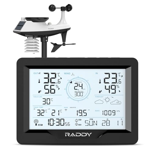 Raddy MN6 Lite Wetterstation mit außensensor, 5-in-1 Innen-Außenthermometer, Temperatur-Luftfeuchtigkeit-Luftdruck-Monitor mit DCF-Atomuhr, Wettervorhersage, Windgeschwindigkeit, Niederschlag von Raddy