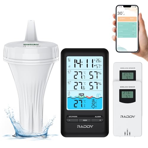 Raddy PT-3 Wi-Fi Pool Thermometer Schwimmendes, APP Fernüberwachung Leicht zu lesen, Großes Digitaldisplay, mit 2 zusätzliche Sensoren, für Innen- und Außenschwimmbad von Raddy