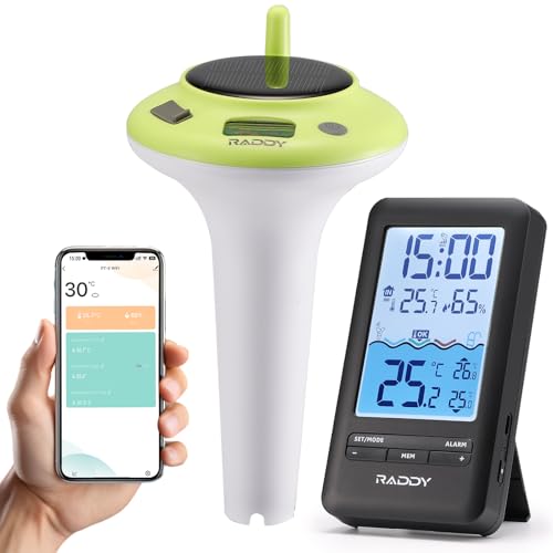 Raddy PT-5 Smartes WLAN-Poolthermometer mit Solarladung, IP67, 91 m Reichweite, WLAN- & App-Überwachung, für Pool, Aquarium, Spa von Raddy