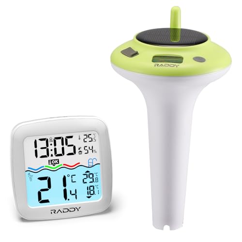 Raddy PT-5 TN Poolthermometer Schwimmend, Leicht Ablesbar, IPX8, Solar- & Akku-Betrieb, Digitalthermometer mit Innenraum-Temperatur- & Feuchtigkeitsanzeige für Pools, Whirlpools, Teiche, Spa Raddy PT-5 TN Poolthermometer Schwimmend, Leicht Ablesbar, IPX8, Solar- & Akku-Betrieb, Digitalthermometer mit Innenraum-Temperatur- & Feuchtigkeitsanzeige für Pools, Whirlpools, Teiche, Spa von Raddy
