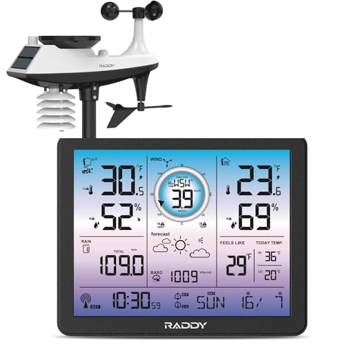 Raddy VP7 Wetterstation Funk mit Außensensor Thermometer Hygrometer, 7,4'' Digital Display DCF-Funkuhr, Temperatur-Feuchtigkeits-Monitor mit Wettervorhersage und Barometer von Raddy